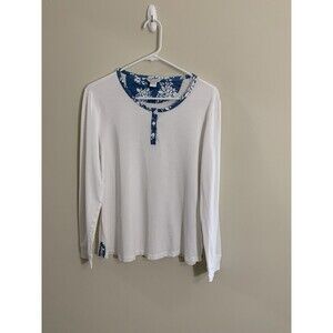 Garnet Hill Women’s Long Sleeve Henley White Blue Floral Accent Size Large